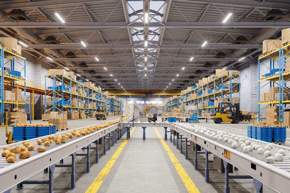 Warehouse interior with conveyor belts carrying spheres, surrounded by shelving and a forklift.