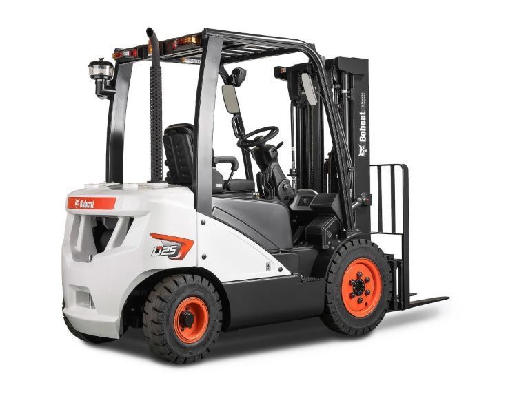White and black Bobcat forklift with orange wheels, facing right, against a white background.