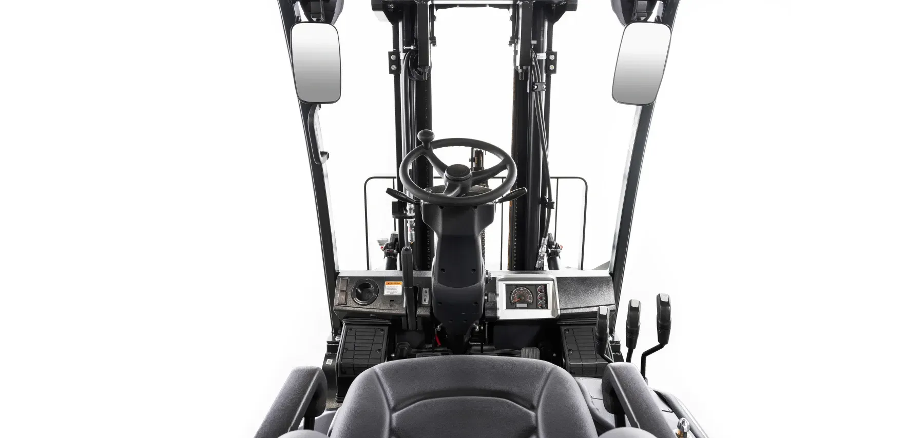 Forklift cab interior with steering wheel, gauges, mirrors, and seat.