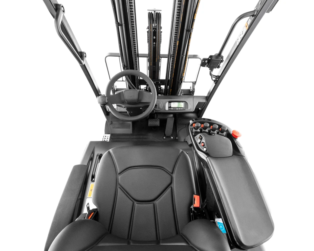 Interior view of a black forklift cabin with a seat, steering wheel, and control panel.