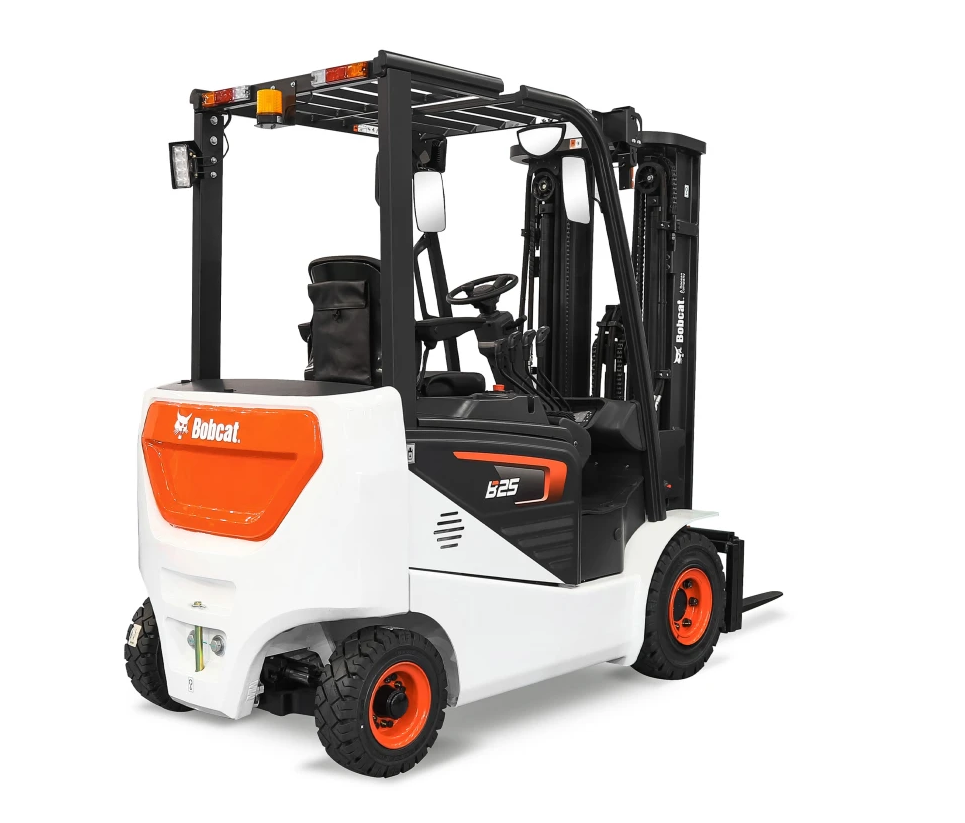 White and orange Bobcat E20 forklift.