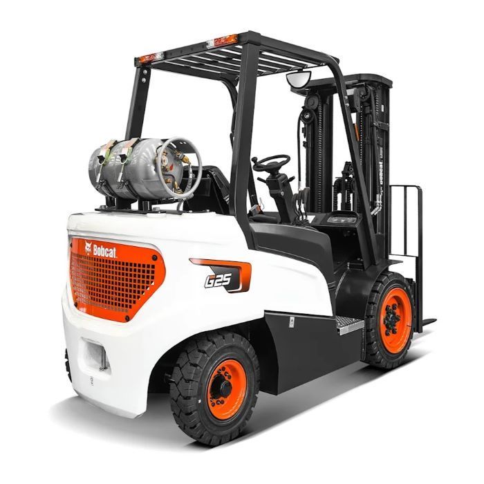 A bobcat forklift with a propane tank on top of it.