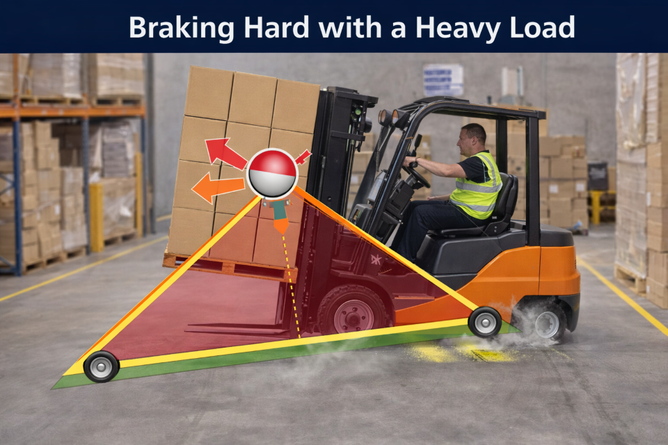 Forklift braking hard with heavy load; operator in high-vis vest. Diagram shows tip-over danger zone.