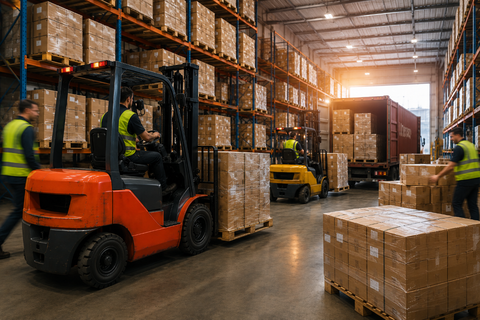 Busy warehouse with forklifts in motion