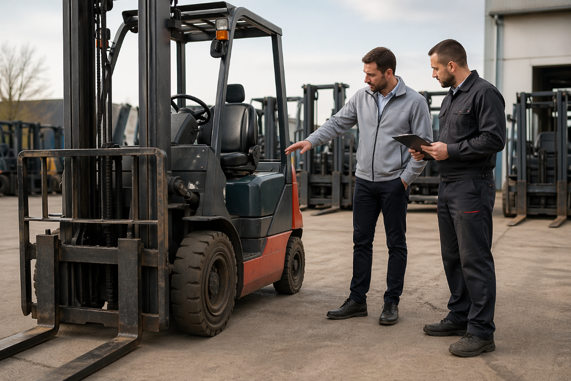 two men inspect a forklift in an industrial yard, a representation of what to look for when buying a used forklift.