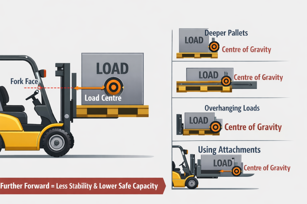 Diagram showing forklift with various load scenarios, illustrating center of gravity and how it affects stability.