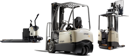 A group of forklifts are sitting next to each other on a white background.