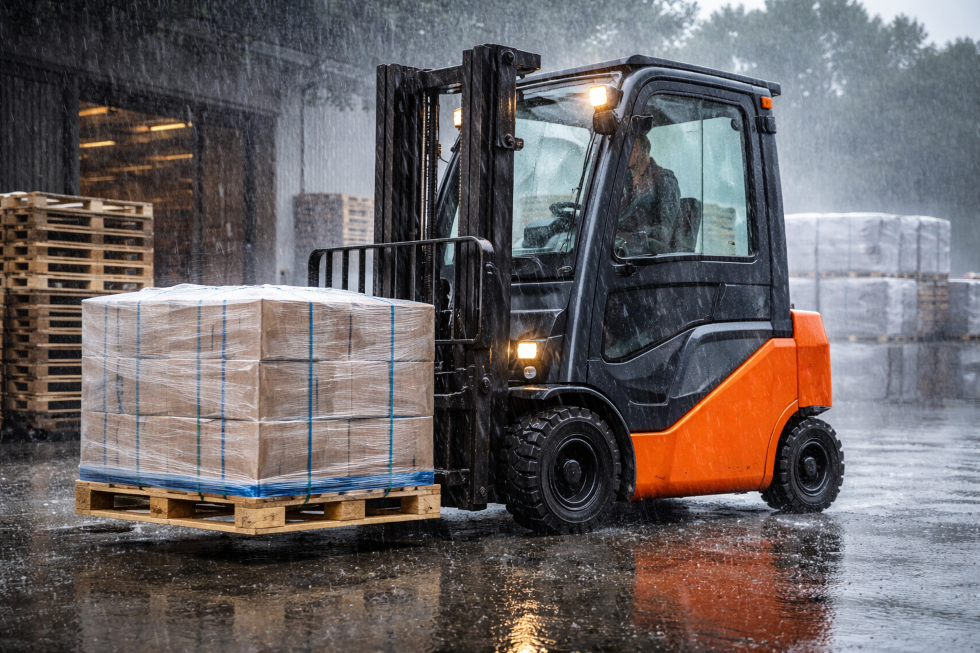 An orange forklift carrying a pallet of boxes outdoors in the rain.