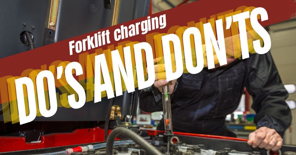 A worker performing maintenance on a forklift battery, with the text overlay 