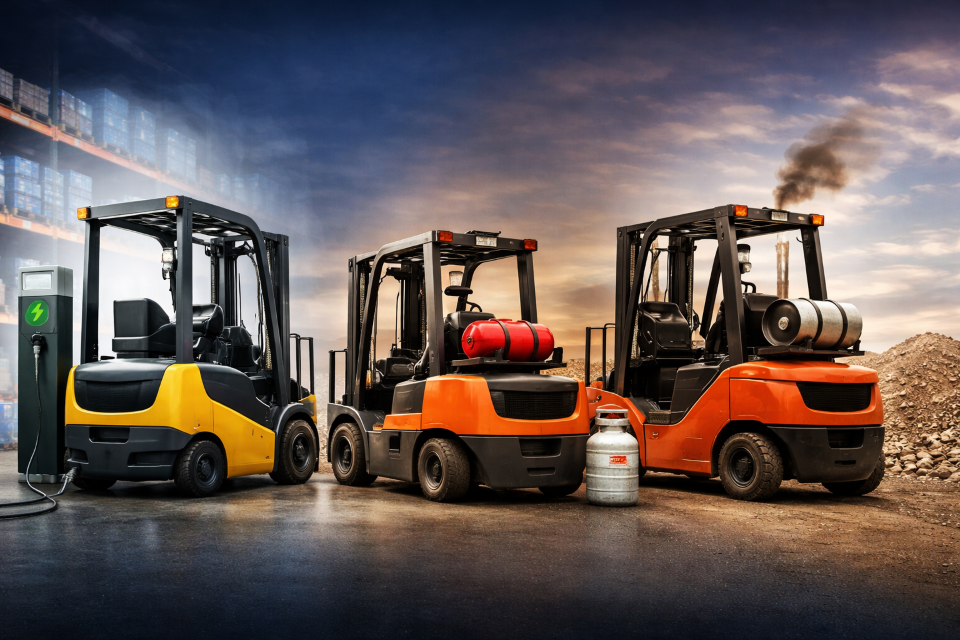 Three forklifts lined up: one electric (yellow) at a charging station, two propane (orange) with tanks, outdoors.