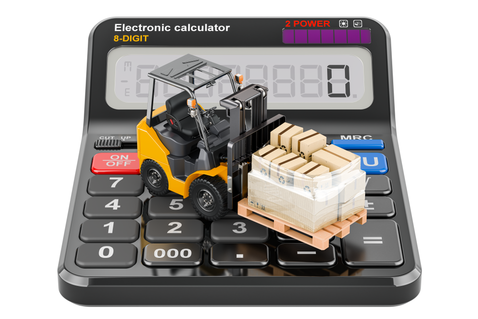 Yellow forklift with a pallet of boxes on a calculator - image representation of forklift cost