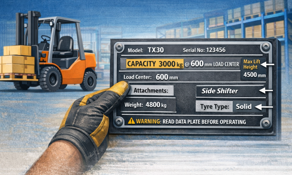 Forklift data plate, hand in glove pointing. Warehousing setting, orange forklift, text details capacity, weight.