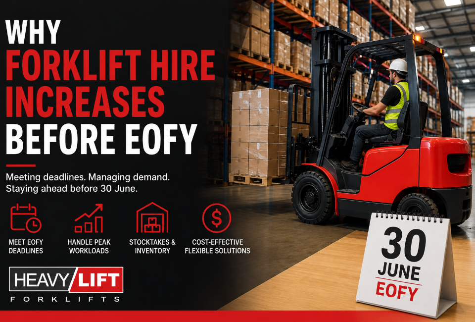 Forklift in warehouse with bold text: “Why forklift hire increases before EOFY” and June 30 deadline sign
