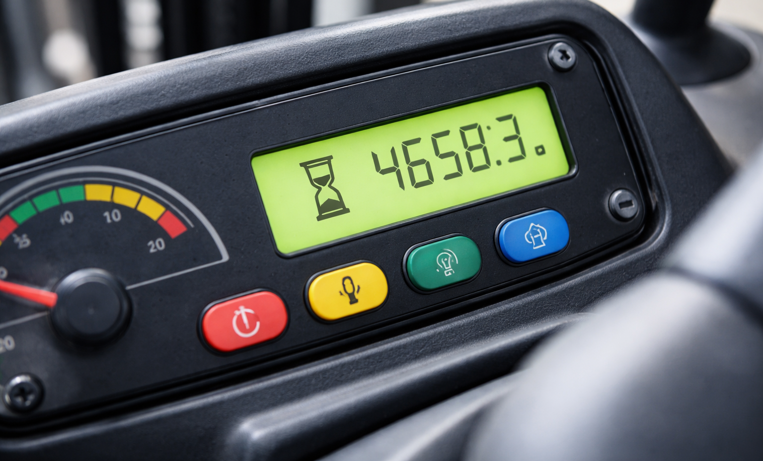 Forklift hour meter displaying 4658:3 hours, with an hourglass symbol.