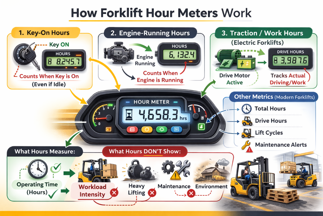 forkliff hour meter diagram showing how forklift hour meters work, including key-on, engine running, and work hours.