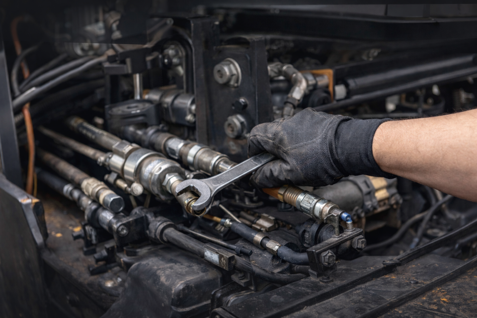 Person wearing black gloves using a wrench on heavy machinery.