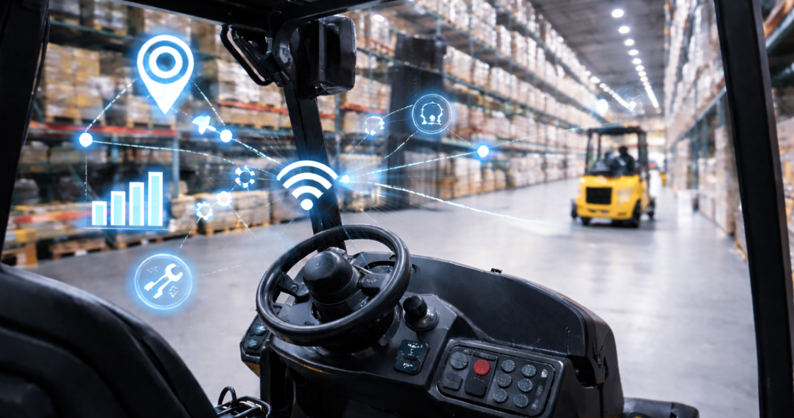 image to visually communicate forklift telematics: warehouse view from inside a forklift, featuring augmented reality icons for connectivity, navigation, and diagnostics.