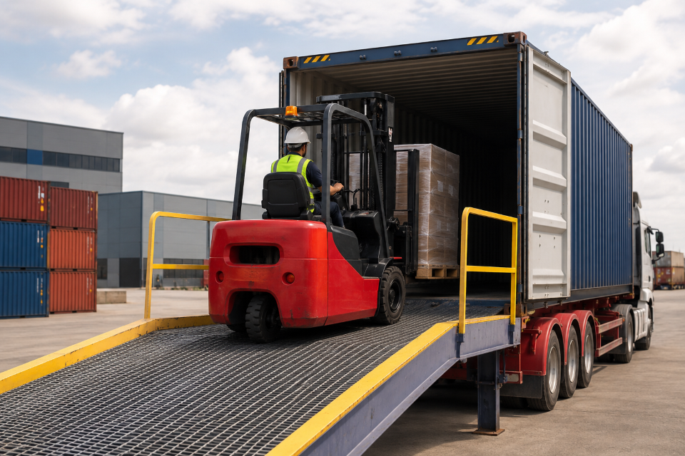 Forklift loading container at freight yard