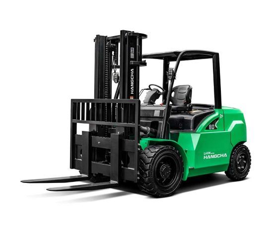 Green forklift with black forks and frame on a white background.