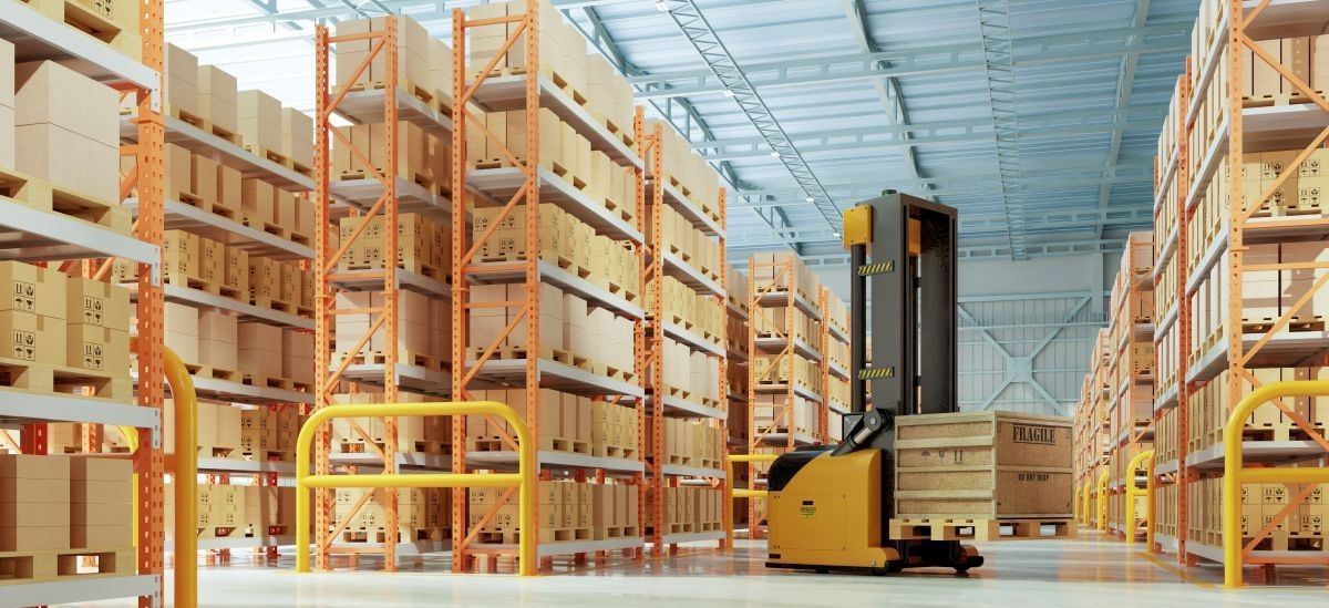 Forklift moving crates in a large warehouse with rows of stacked boxes.