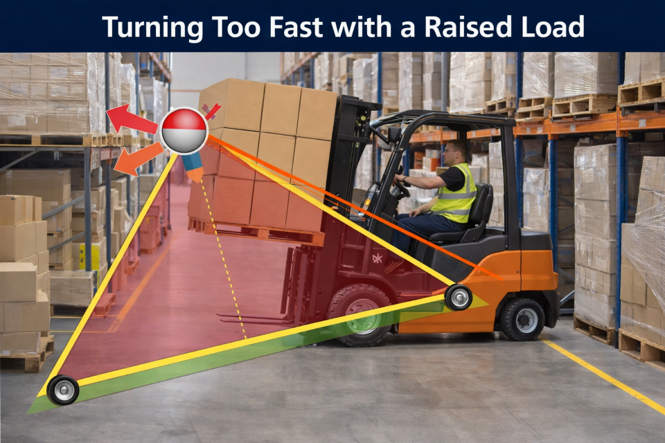 Forklift with raised load turning too fast, illustrating instability in a warehouse.