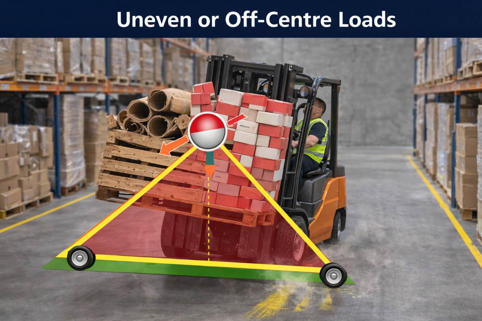 Forklift with an off-center load, a red highlighted area of instability. Warehouse setting.