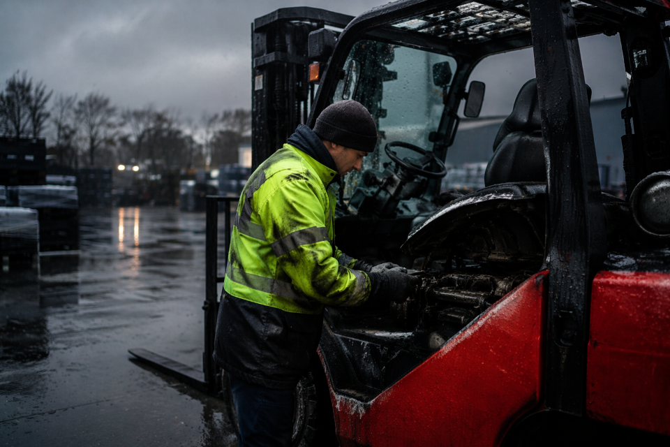 Worker in a neon jacket inspecting a forklift in a rainy industrial yard in Melbourne