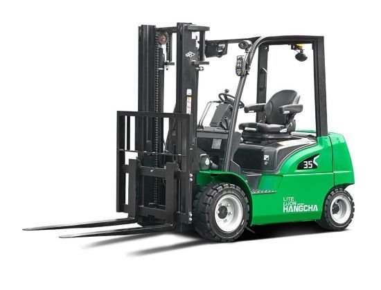 Green forklift truck with extended forks, black frame, and white tires on a white background.