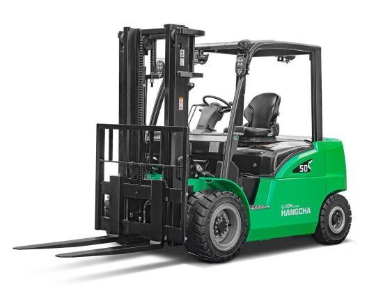 Green forklift truck, on white background, with black forks and frame.