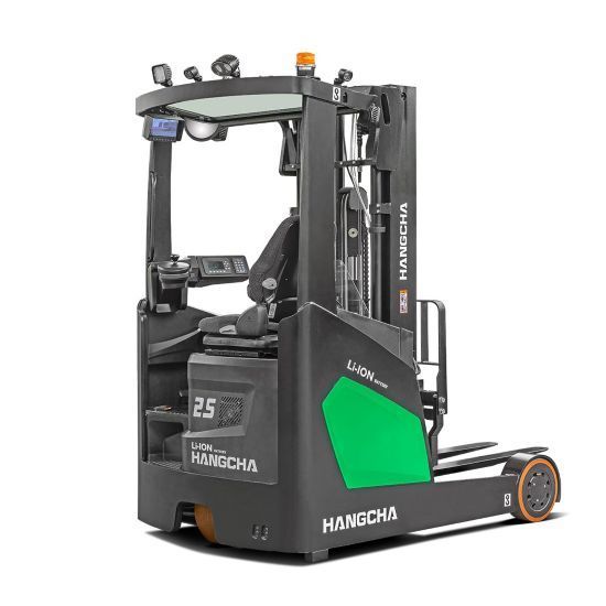 Reach truck with black and green accents, brand name HANGCHA, in a white background.