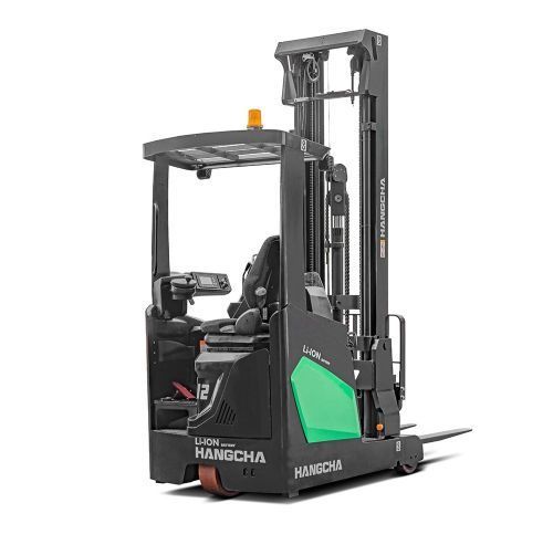 Black and green Hangcha reach truck on white background.