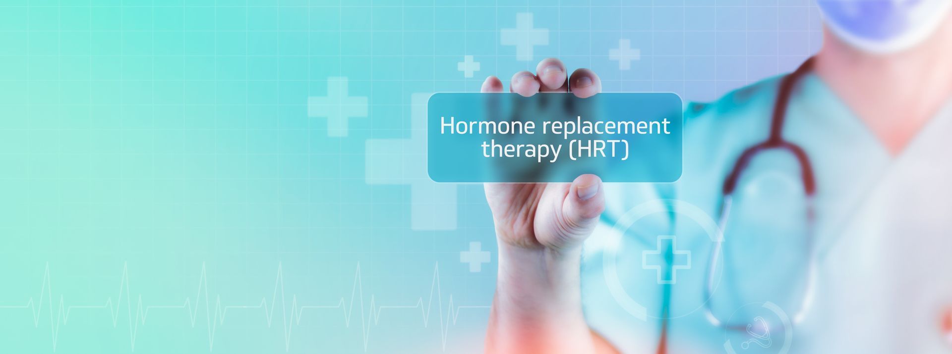 Medical professional holding a digital sign for hormone replacement therapy wellness services.