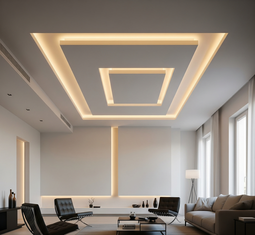 Soggiorno moderno con illuminazione a incasso nel soffitto e arredamento minimalista.