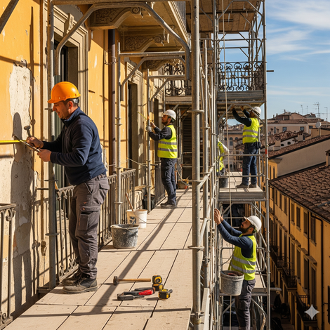 Operai edili sui ponteggi, impegnati nella riparazione della facciata di un vecchio edificio. Giubbotti di sicurezza gialli, caschi arancioni.