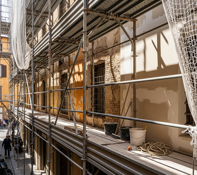 Facciata dell'edificio in fase di ristrutturazione con impalcature e reti di sicurezza.