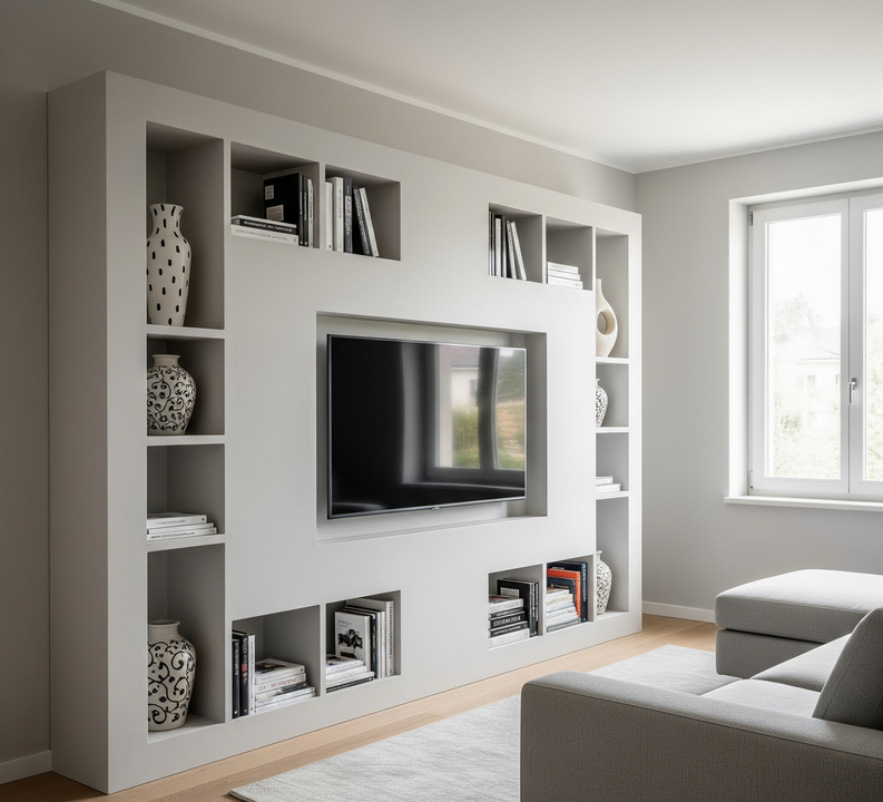 Scaffale bianco integrato con TV incassata, vasi e libri, in un soggiorno moderno.