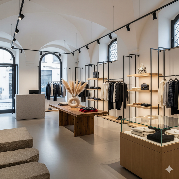 Interno di un moderno negozio di abbigliamento dal design minimalista. Scaffali in legno chiaro, appendiabiti e una vetrina.
