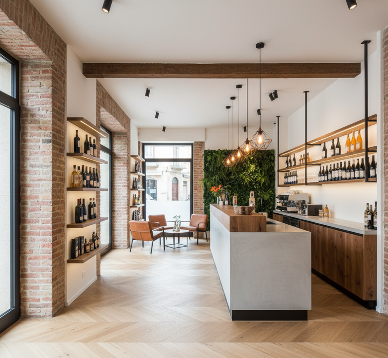 Interno di un'enoteca: scaffali pieni di bottiglie, muro di mattoni, travi in ​​legno e un bancone moderno.