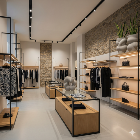 Interno di un negozio di abbigliamento con appendiabiti, scaffalature in legno, parete decorativa in pietra e piante decorative.
