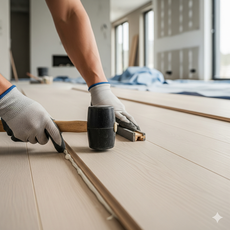 Persona che installa un pavimento in legno chiaro, utilizzando un martello e un distanziatore in un contesto di costruzione.