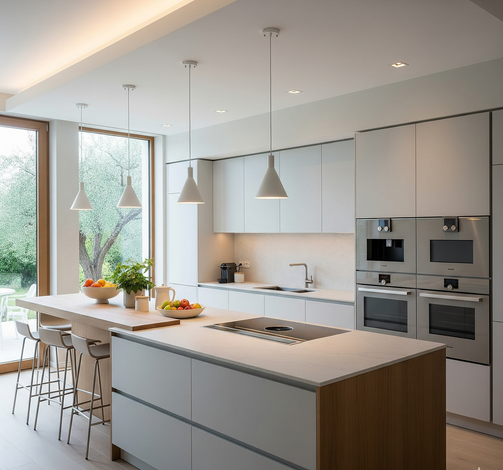 Cucina moderna, bianca, con isola, lampade a sospensione e alte finestre che si affacciano sul giardino.