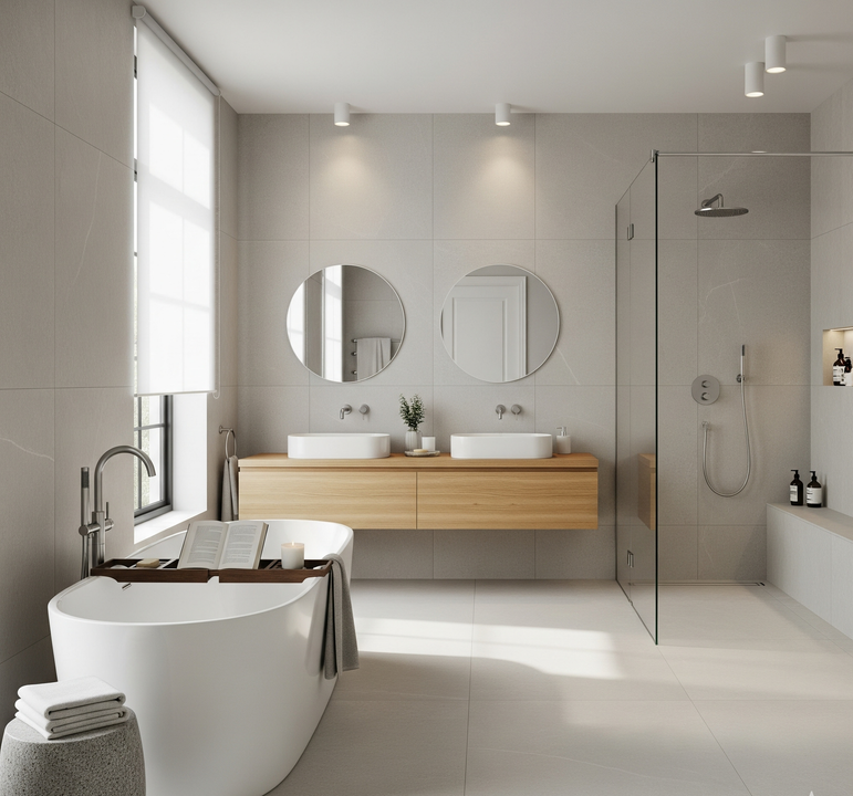 Bagno moderno con vasca bianca, mobile lavabo in legno e doccia in vetro.