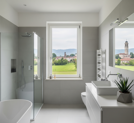 Bagno moderno con pareti grigie, una grande finestra con vista su un campo verde e sulla città e sanitari bianchi.
