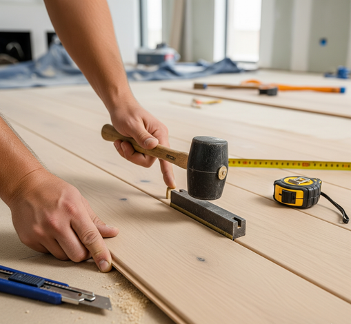 Persona che installa un pavimento in legno con un martello, un metro a nastro e un taglierino in un ambiente interno.