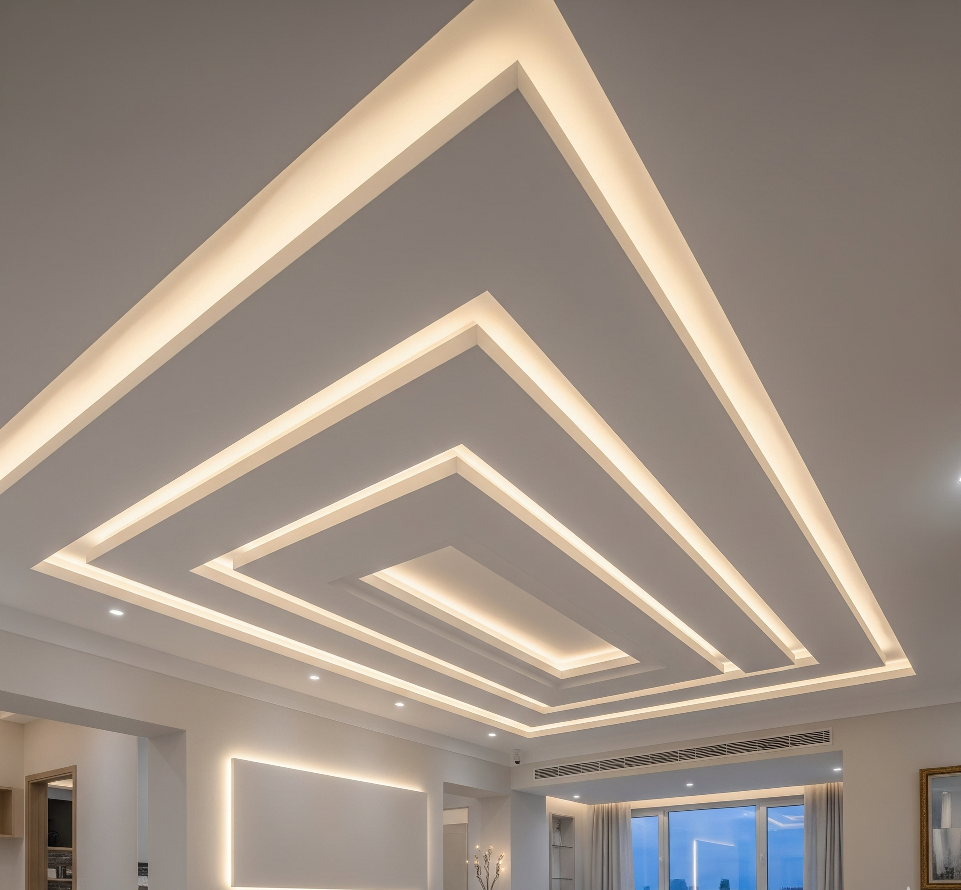 Soffitto bianco con illuminazione da incasso a motivo geometrico.