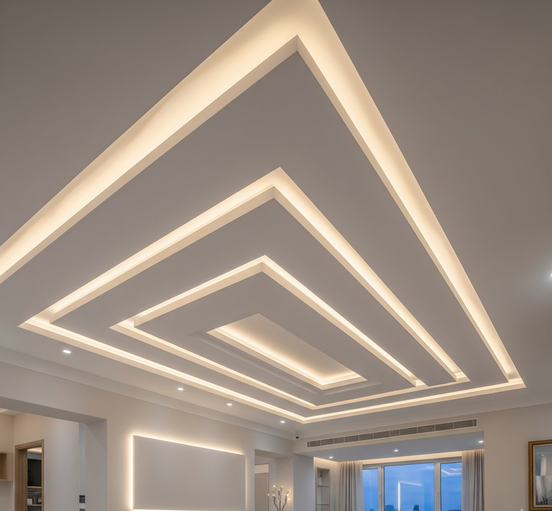 Soffitto bianco con illuminazione da incasso a motivo geometrico.