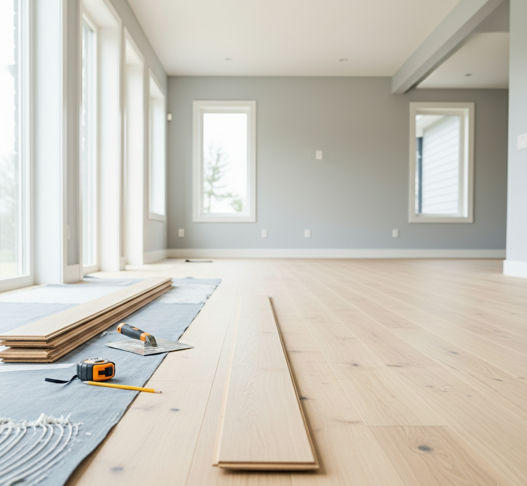 Pavimento in legno chiaro installato in una stanza con pareti grigie e grandi finestre.