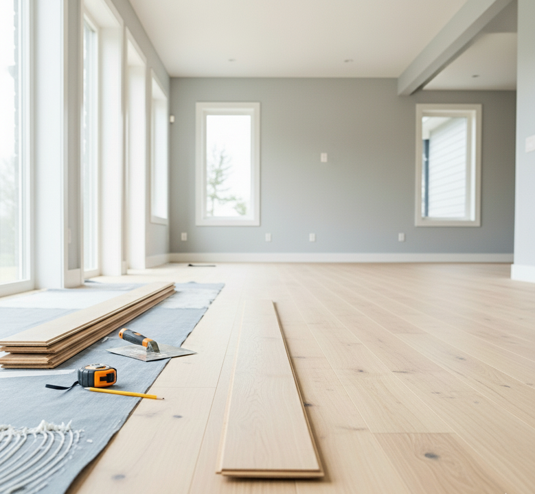 Pavimento in legno chiaro installato in una stanza con pareti grigie e grandi finestre.