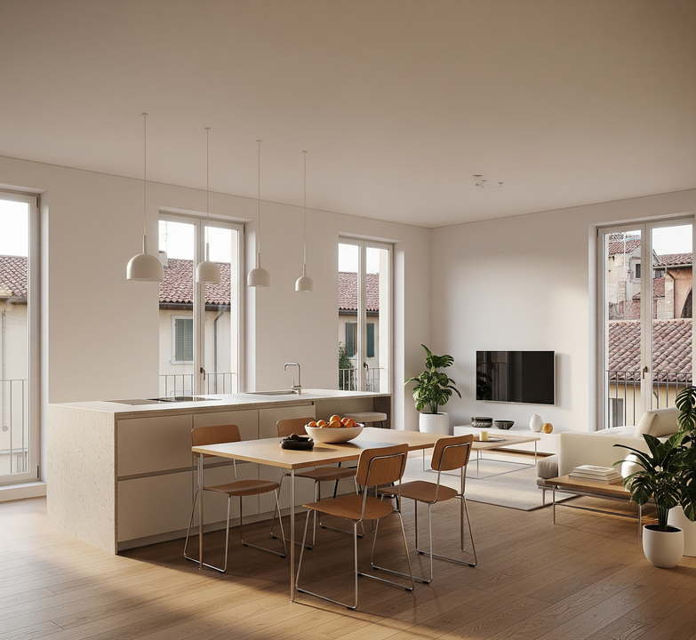 Moderna cucina e zona pranzo open space. Mobili beige, tavolo in legno, sedie, lampade a sospensione e vista sulla città attraverso le finestre.