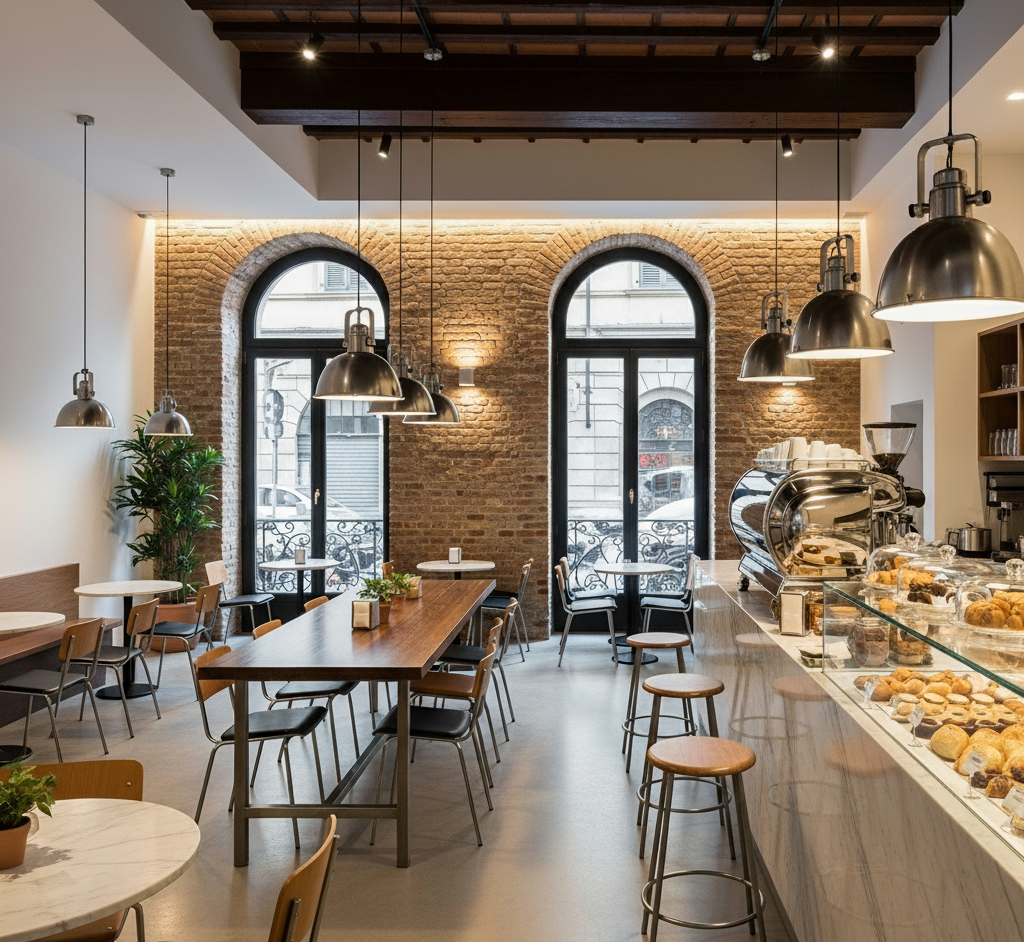 Interno di una caffetteria con pareti in mattoni, grandi finestre, un lungo tavolo in legno e un bancone con prodotti da forno.